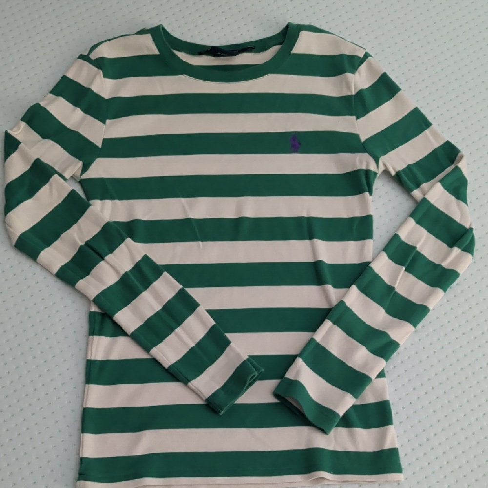 Ralph Lauren Green and Cream Striped Sweater